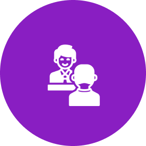 Two people icon on purple circle.