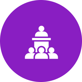 Person speaking at podium with audience icon.