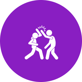 Two stick figures fighting, purple background.